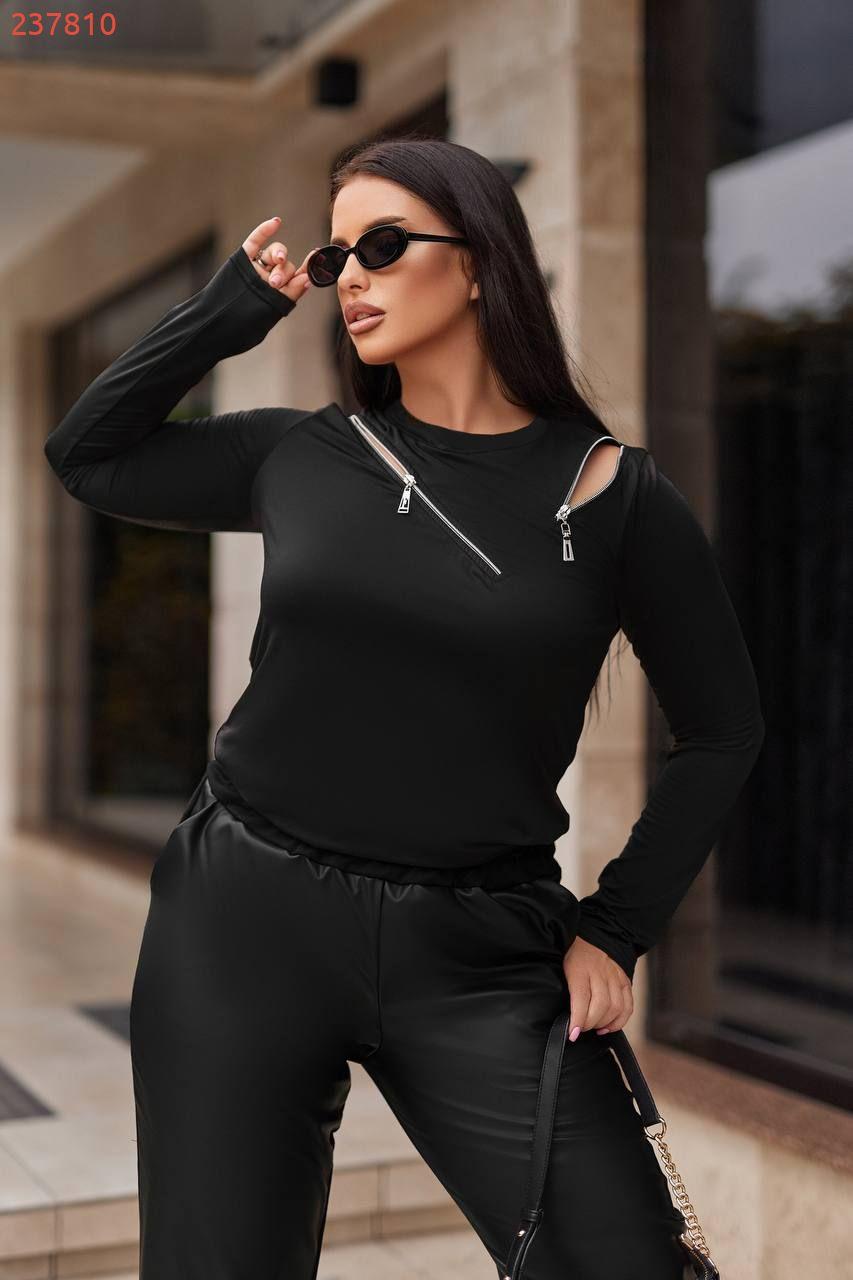 Жіночий лонгслів з тонкого рубчика зі змійкою, базовий стиль, чорний, розміри 48-62, фото 1