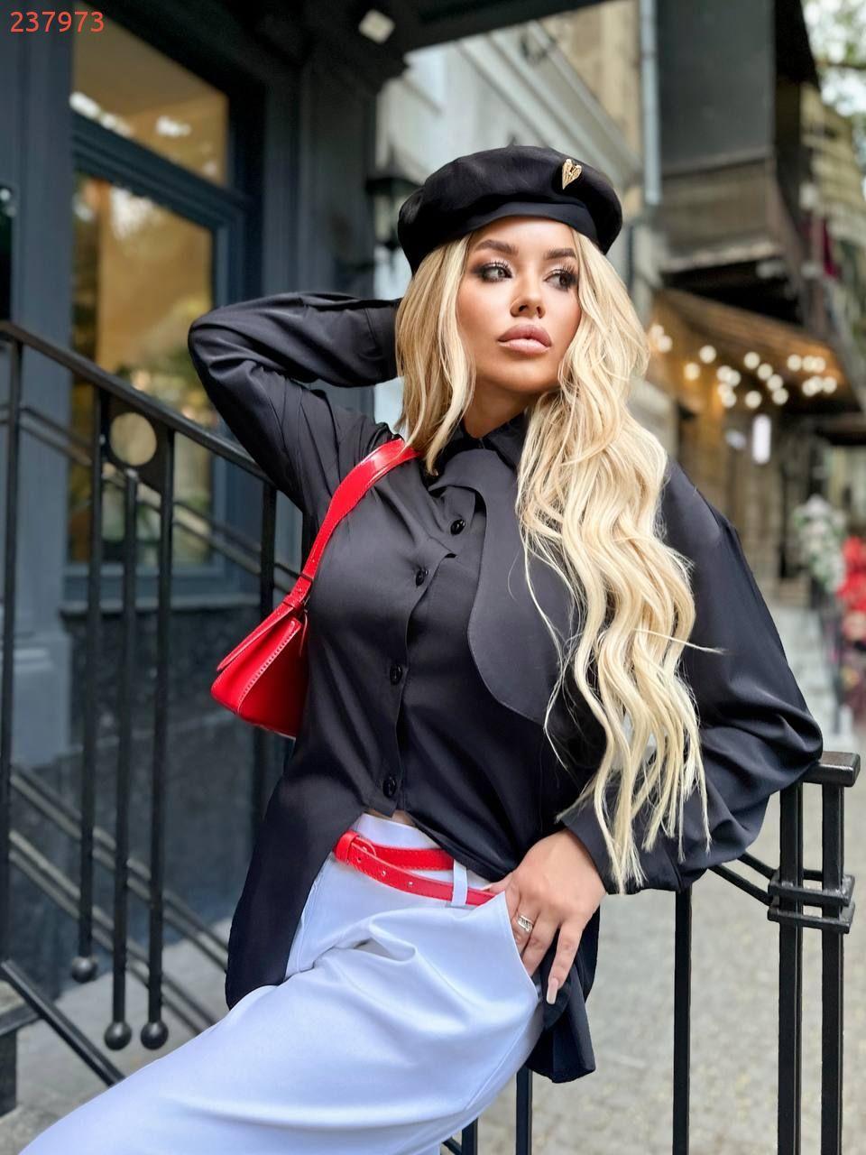 Оригінальна асиметрична сорочка з декоративною кокеткою, прикрашена гудзиками в тон тканини., фото 1