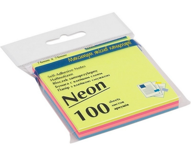 Папір для нотаток з клейким шаром 76*76мм 4кольори*25арк (100арк) Buromax неон