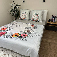 Стильный комплект полуторного постельного белья размер 150x200 см серо-голубого цвета с цветочным принтом.