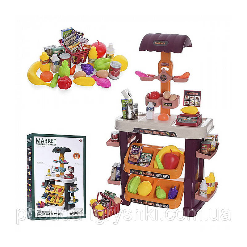 Магазин 922-06A прилавок 51-21-82см, каса, вітрина, продукти, сканер зі звуком, світ, 44 предметів, на батарейках, в коробці, 71-4, фото 1