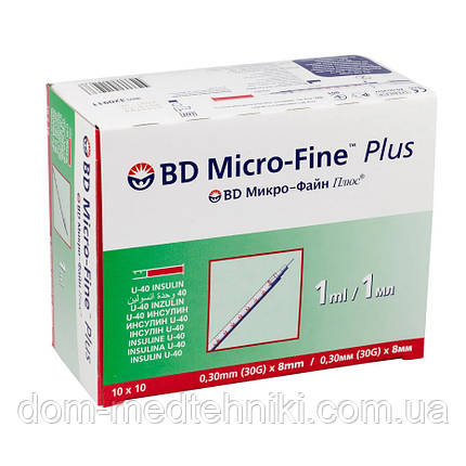 Шприци інсулінові з інтегрованою голкою BD Micro-Fine Plus 1 мл U-40 (8 мм х 30G), 100 шт., фото 1