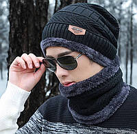 Зимова чоловіча шапка з хомутом, чорний чоловічий комплект, теплий зимовий набір, чоловіча чорна зимова шапка.