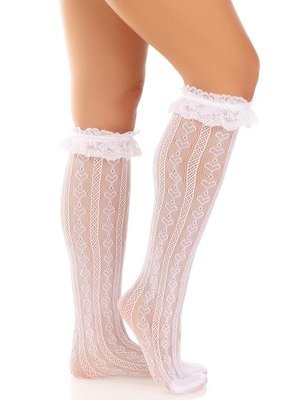 Шкарпетки ажурні з рюшами Leg Avenue Sweetheart Ruffle Cuff Knee Highs White, високі, фото 1