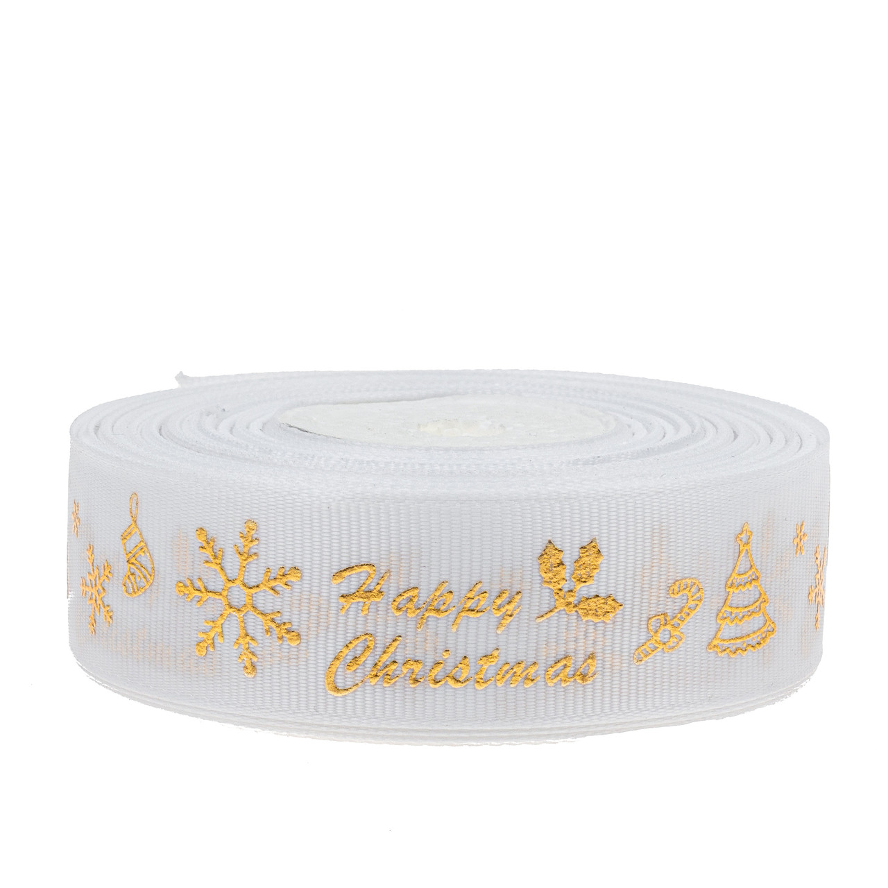 Стрічка репсова 2,5 см (1 м) "Happy Cristmas" біла