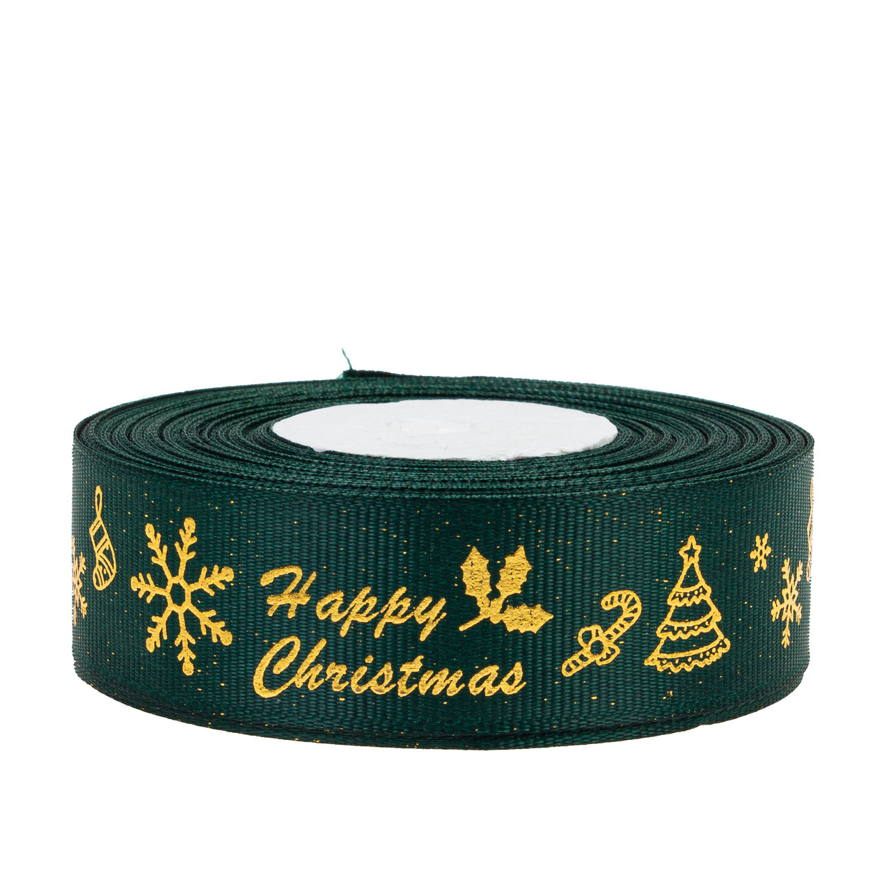 Стрічка репсова 2,5 см (1 м) "Happy Cristmas" смарагдова