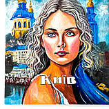 Картина по дереву ручної роботи 10х15 см Дівчина КИЇВ на підставці Український сувенір, фото 9
