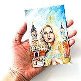 Картина по дереву ручної роботи 10х15 см Дівчина ХАРКІВ на підставці Український сувенір, фото 5