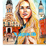 Картина по дереву ручної роботи 10х15 см Дівчина ХАРКІВ на підставці Український сувенір, фото 9