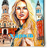 Картина по дереву ручної роботи 10х15 см Дівчина ХАРКІВ на підставці Український сувенір, фото 10