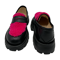Лофери жіночі чорного кольору декоровані натуральним хутром рожевого кольору “Style Shoes”, фото 4