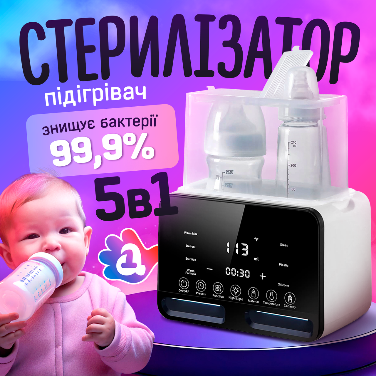 Стерилізатор і підігрівач для дитячого харчування A1 5в1 на 2 пляшечки цифровий з таймером, стерилізація яєць