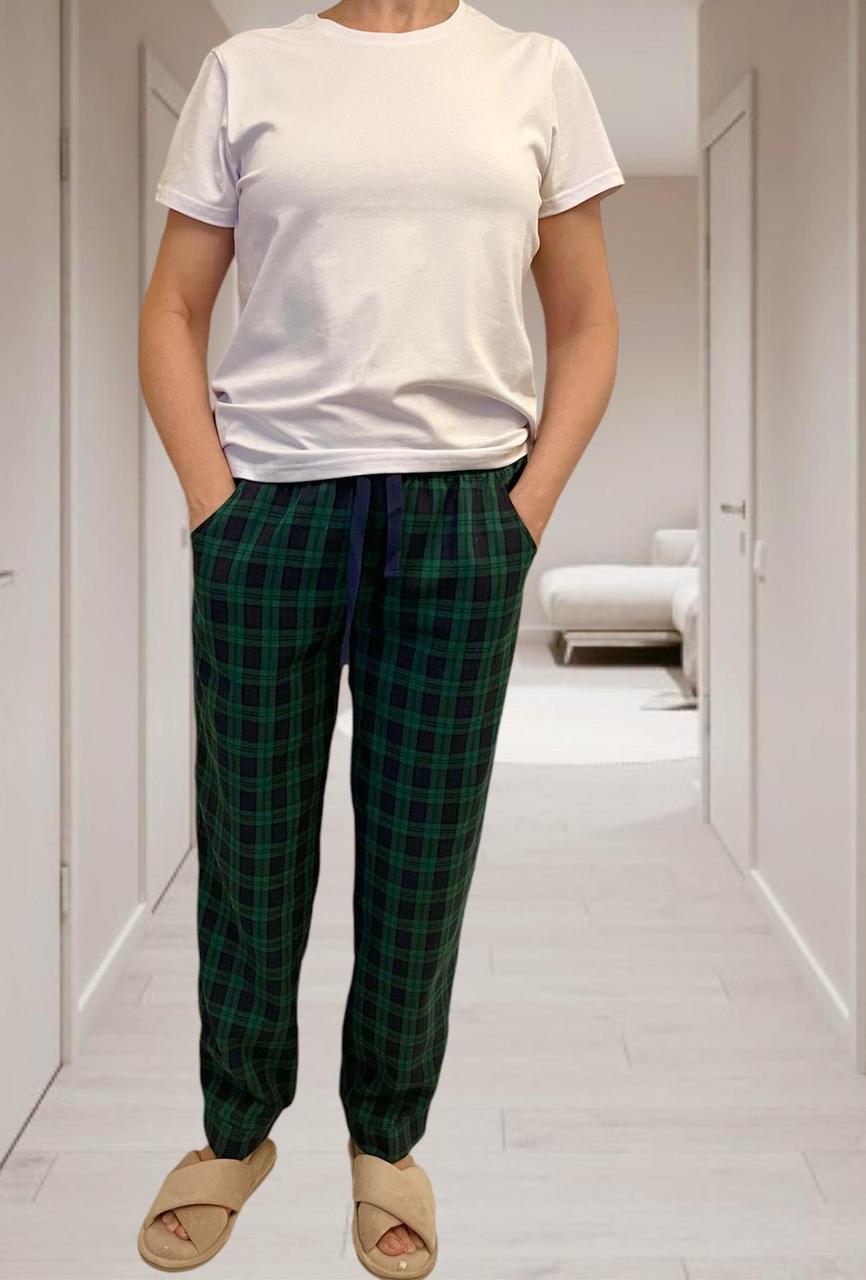 Піжамні домашні штани жіночі ФЛАНЕЛЬ в клітинку COSY ЗЕЛЕНО-СИНЯ F23P, фото 1