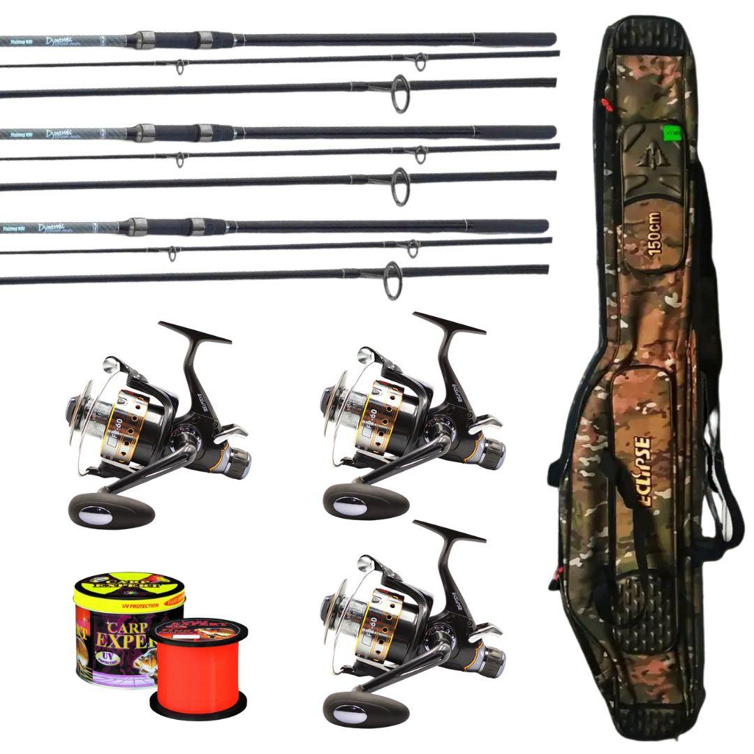 Карповий набір: Fishing Roi Dynamic 3-секційні вудилища + Eclipse J-3FR 6000 котушки + чохол