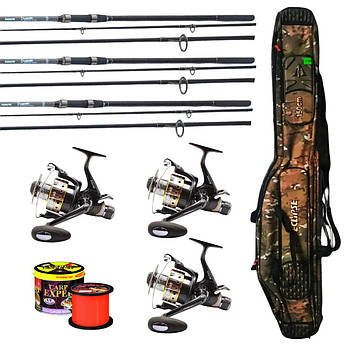 Карповий набір: Fishing Roi Dynamic 3-секційні вудилища + Eclipse J-3FR 6000 котушки + чохол