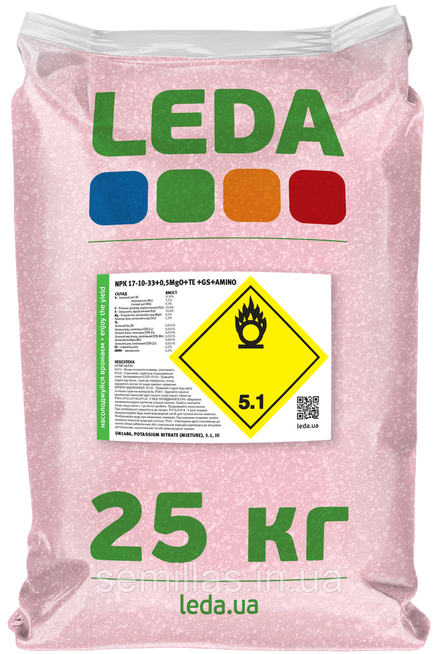 Добриво Leda NPK 17-10-33 +0,5MgO+TE +GS+AMINO, 25 кг, кристаличне (Leda NPK)