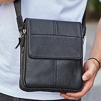 Чоловіча шкіряна сумка планшетка через плече м'яка 21х24х6, месенджер на плече, шкіряна чоловіча сумочка, чорний