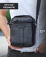 Чоловіча шкіряна сумка з ручкою 19х23х6, барсетка для чоловіка, плечовий месенджер, чорна, фото 4