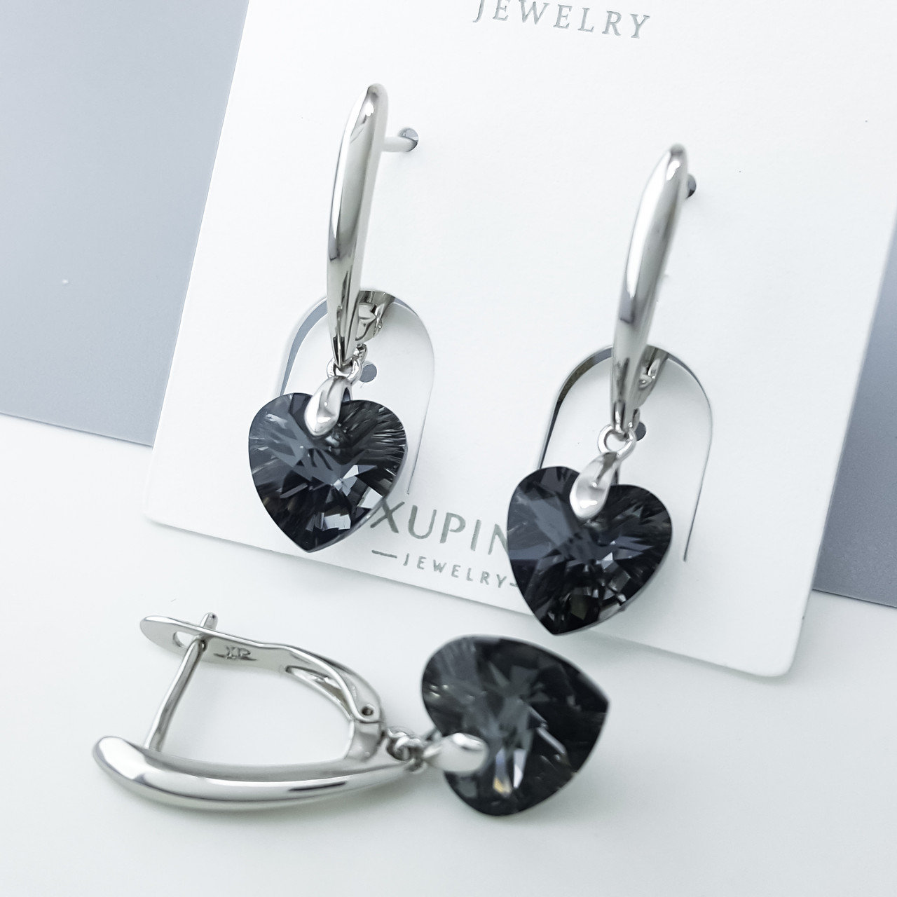 Сережки підвіски "Серце" з чорним Swarovski, англ.замок, медичне золото Xuping, родій