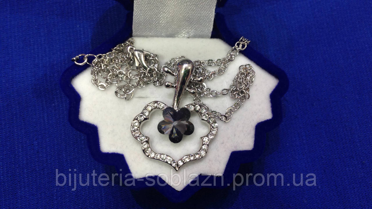 Серебристая Серая подвеска цепочка на шею с кулоном со стразами белые и черный - фото 4 - id-p1412500692