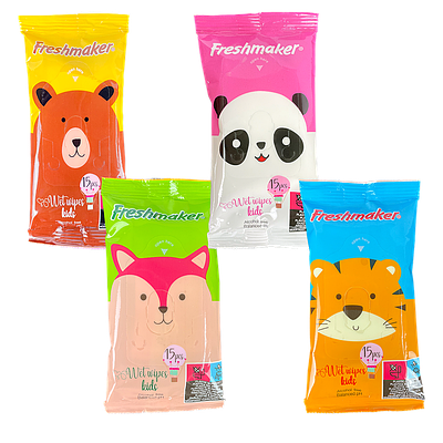 Вологі серветки Freshmaker KIDS Лисиця, Медвідь, Панда, Тигр pocket (36 шт/уп) в Show BOX