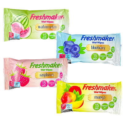 Вологі серветки Freshmaker Манго, Малина, Кавун, Чорниця в Show BOX (36 шт/уп)