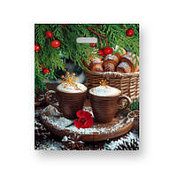 Пакети новорічні з прорізною ручкою розмір 40х45 "Кава з круасанами" Комсерв 25 шт/уп.