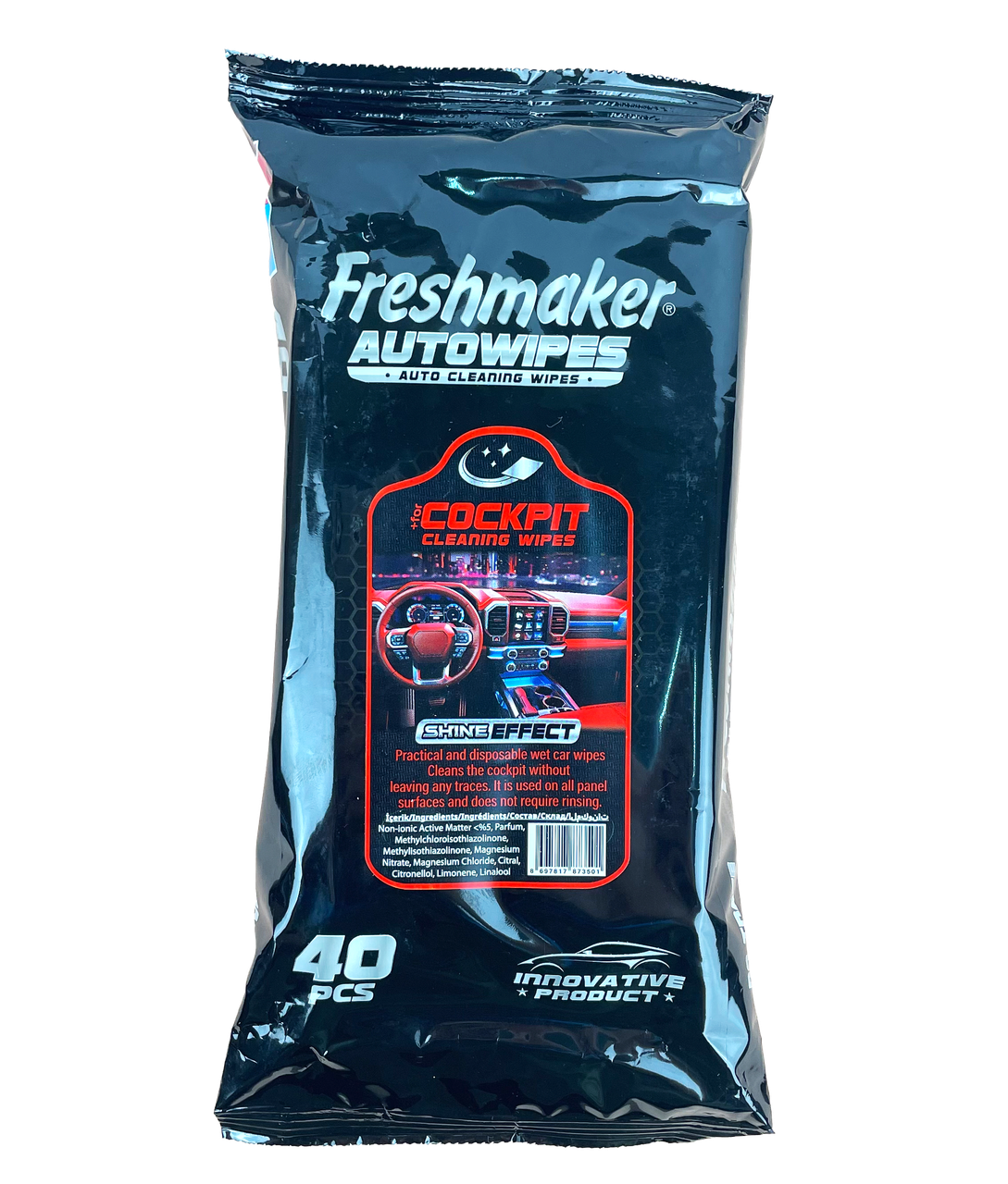 Вологі серветки для прибирання салону авто "Freshmaiker" червоні (для пластикових елементів) 40шт