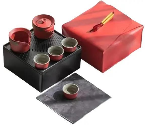 Чайний набір китайський Gongfu Tea Set для чайної церемонії на 9 предметів, дорожній, Червоний, чайний сервіз