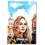 Картина по дереву ручної роботи 10х15 см Дівчина ЛЬВІВ на підставці Український сувенір, фото 6