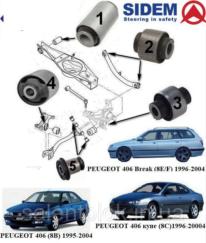 Сайлентблоки PEUGEOT 406 к-кт 14шт ЗАДНЯ підвіска  Sidem