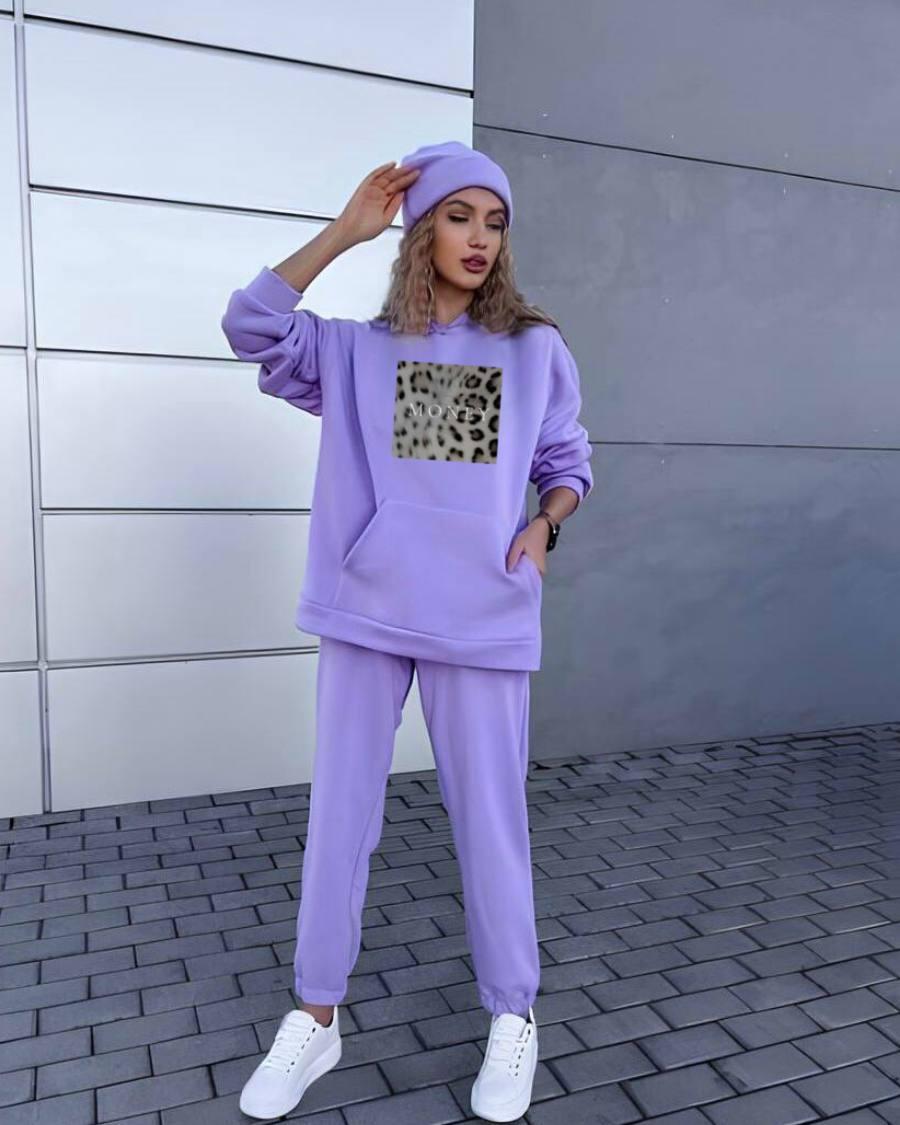 Теплий жіночий костюм джоггери та худі з принтом money на леопардовом фоне, фото 1