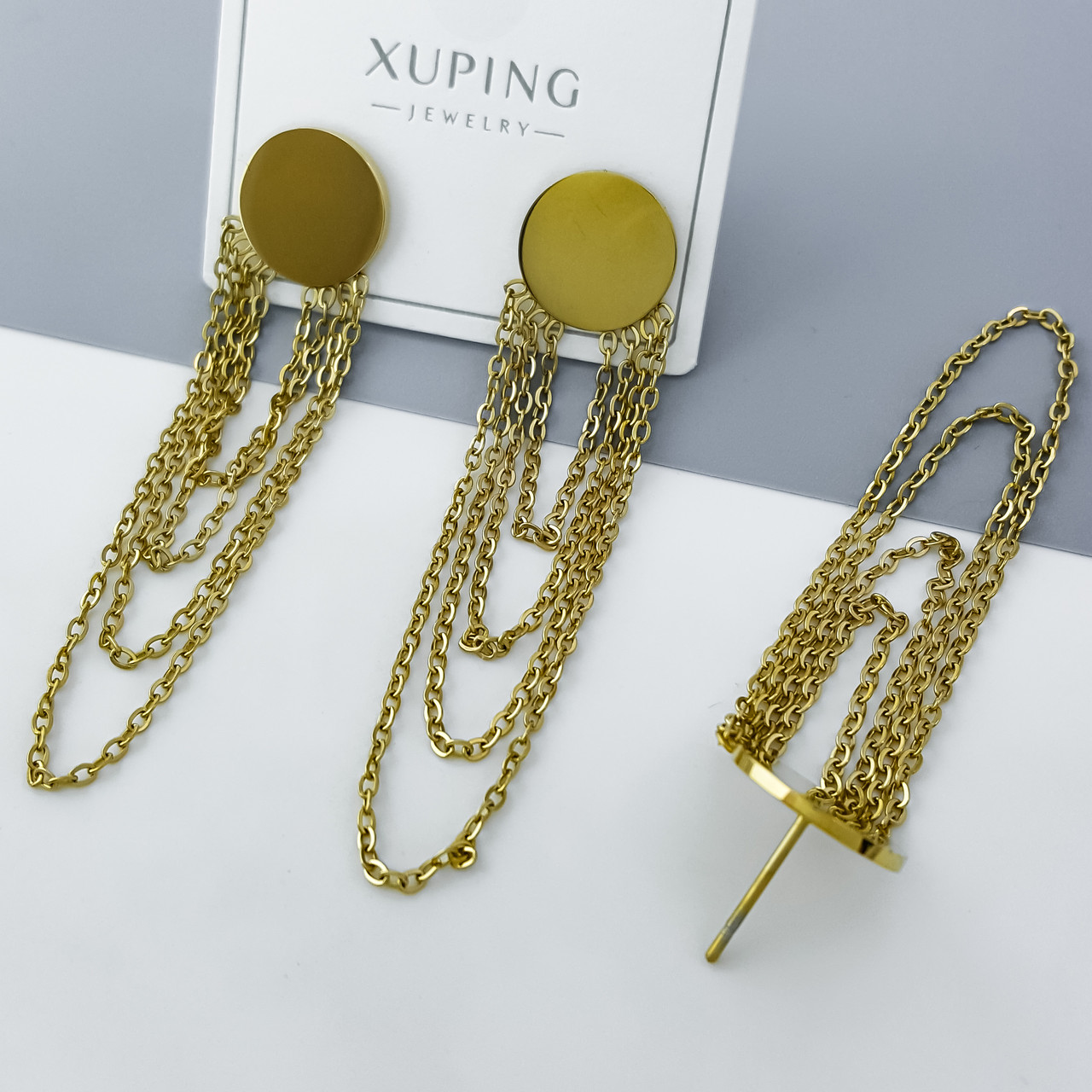 Сережки цвяшки "Золоті Монетки" з підвісками, медсталь Xuping stainless steel, медичне золото, 12К