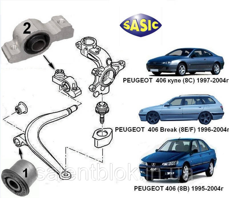 Сайлентблоки PEUGEOT 406 к-кт 4шт ПЕРЕДНЯ підвіска  Sasic