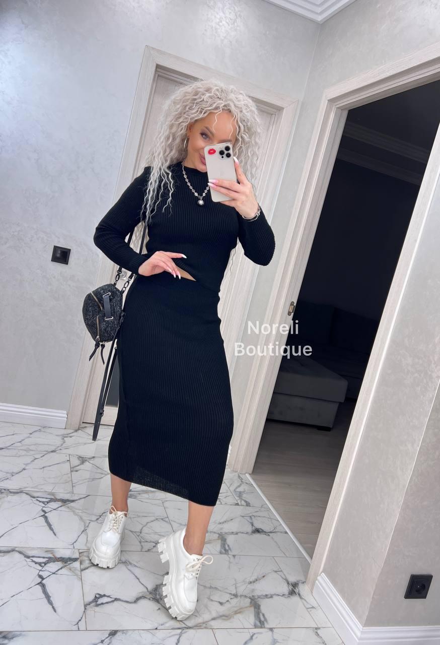 Жіночий стильний костюм топ із рукавом і спідниця, onesize, чорний
