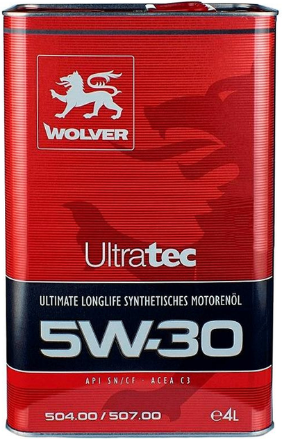 Моторне масло WOLVER Ultratec 5w30 SN/CF, C3, VW 507.00, 1л Знижує витрату палива і викид відпрацьованих газів 4л, фото 1