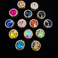 Стрази круглі в ажурних золотих цапах Люкс, (колір на вибір) 14 мм, 1 шт.