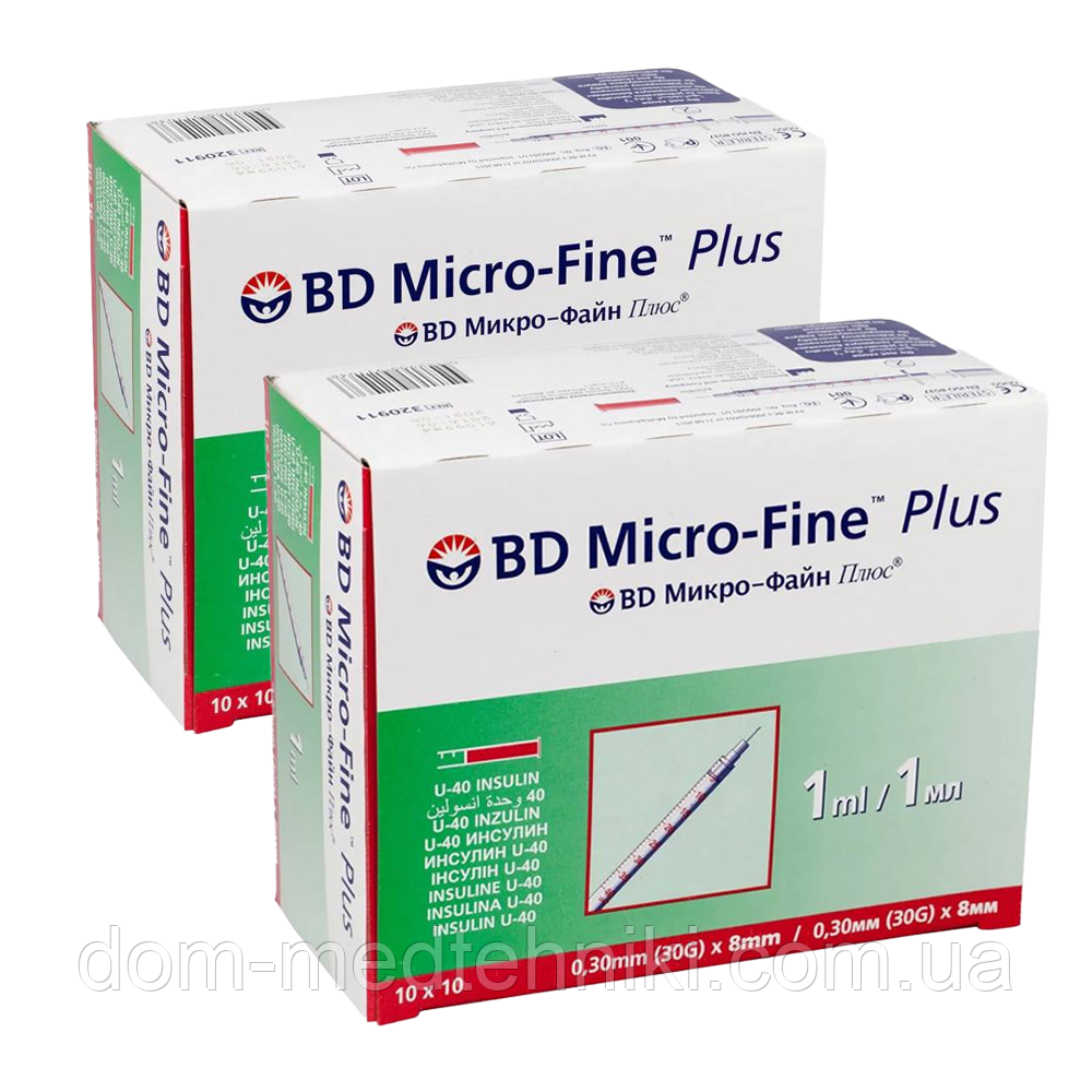 Шприци інсулінові з інтегрованою голкою BD Micro-Fine Plus 1 мл U-40 (8 мм х 30G), 200 шт.