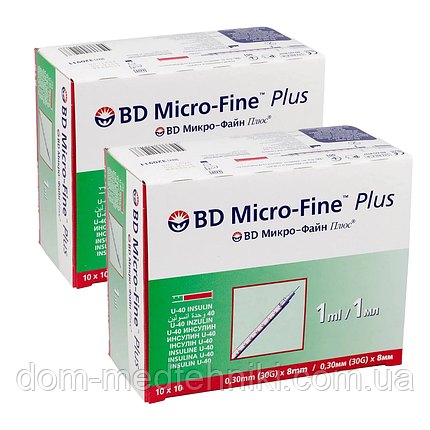Шприци інсулінові з інтегрованою голкою BD Micro-Fine Plus 1 мл U-40 (8 мм х 30G), 200 шт., фото 1