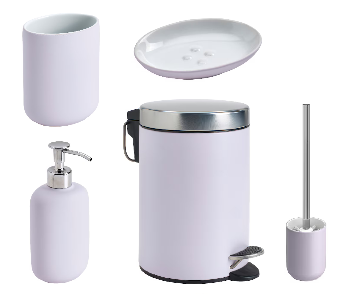 Набір аксесуарів для ванної кімнати IKEA EKOLN лілова кам'яна кераміка - мильниця стакан дозатор йоржик відро, фото 1