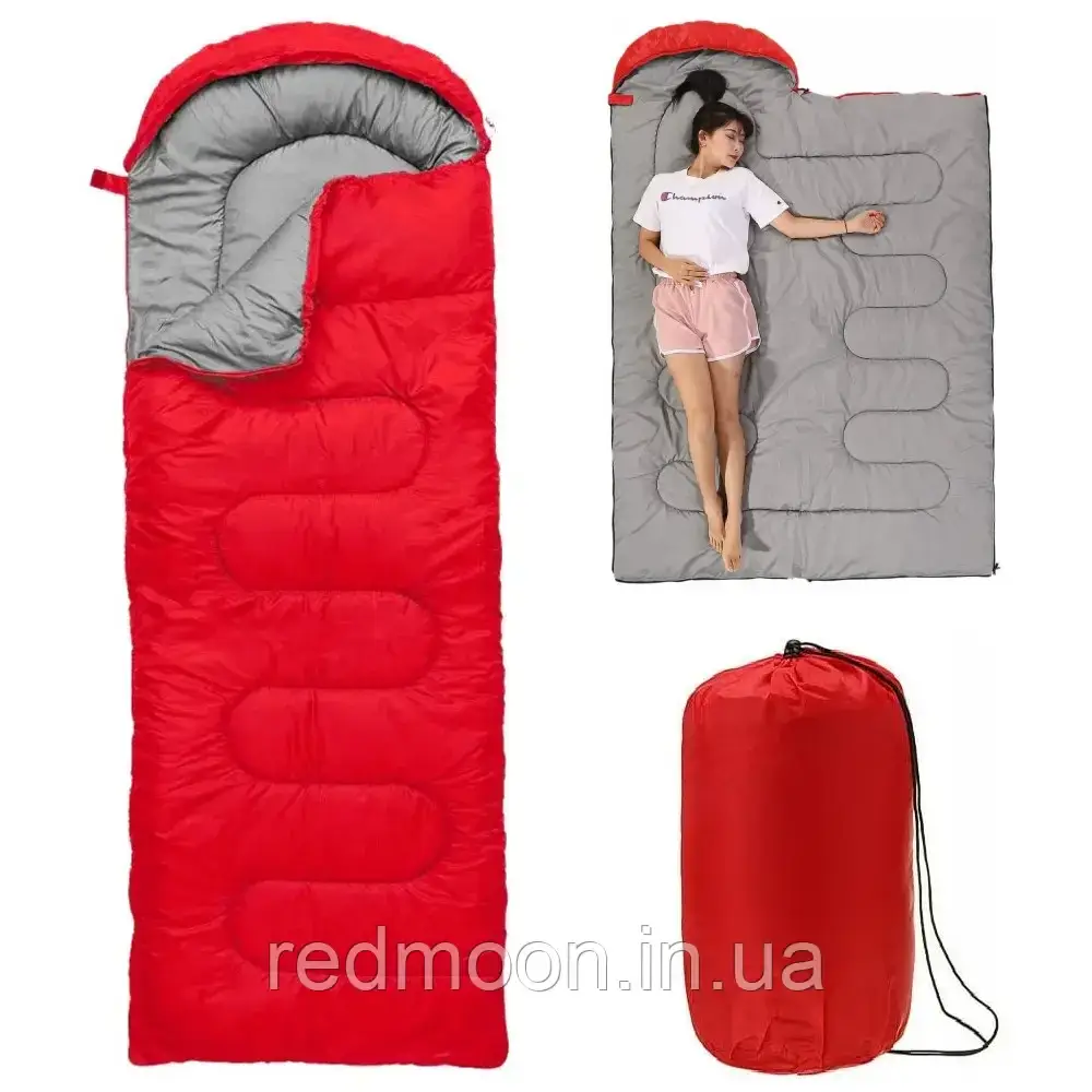 Зимовий спальний мішок-ковдра з капюшоном до -25°C (220×75см) + Чохол, Червоний / Спальник для кемпінгу