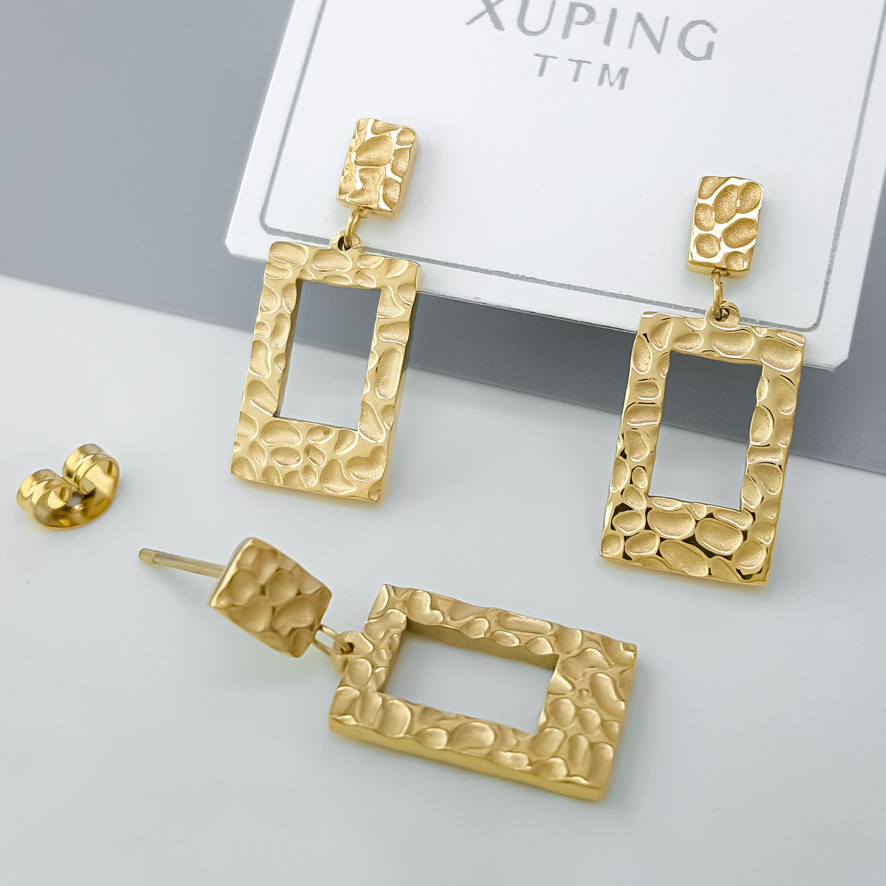 Сережки цвяшки "Рельєфний Прямокутник" без каменів, медсталь Xuping stainless steel, медичне золото, 12К