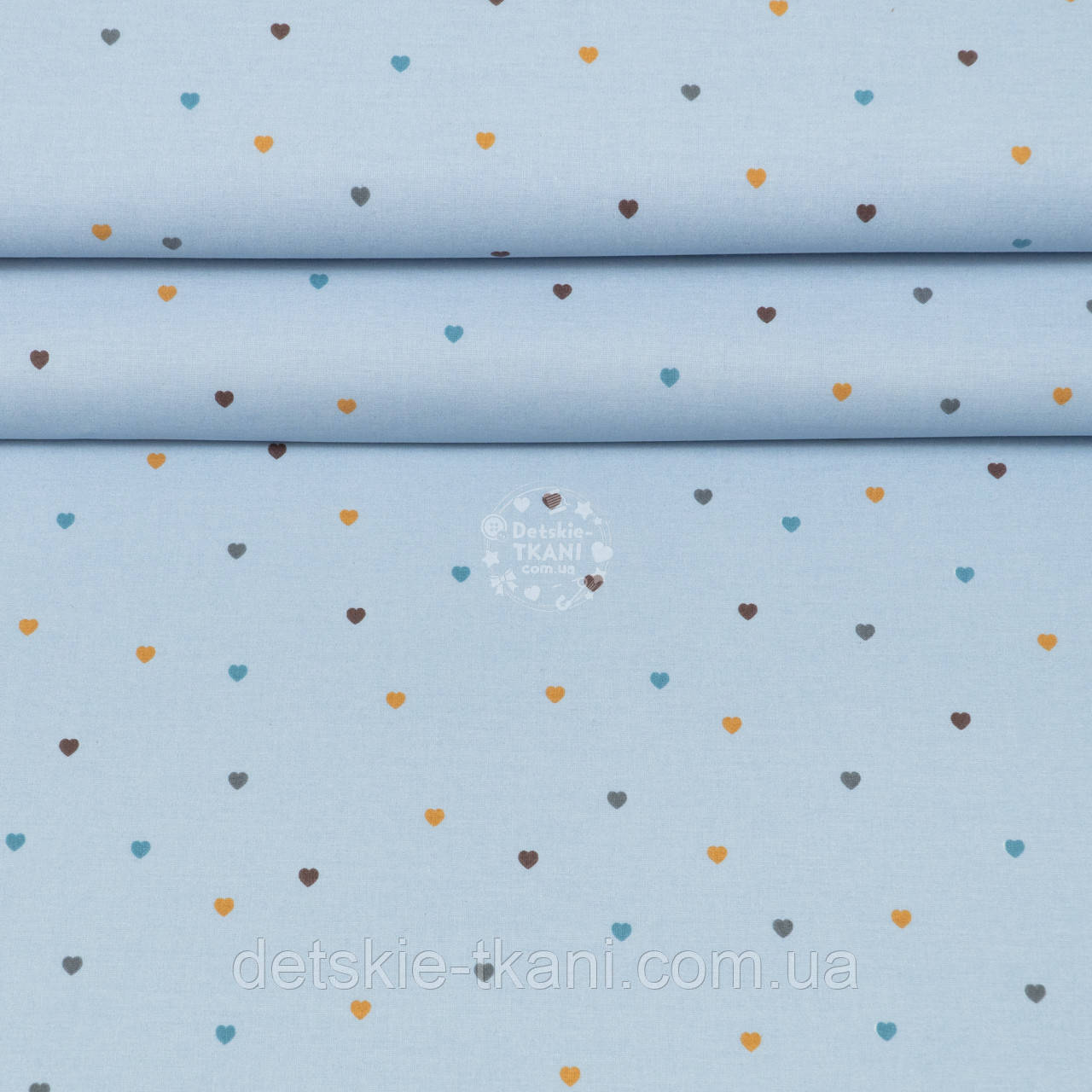 Ранфорс шириною 240 см "Різнокольорові сердечка" на блакитному тлі, №5381, фото 1
