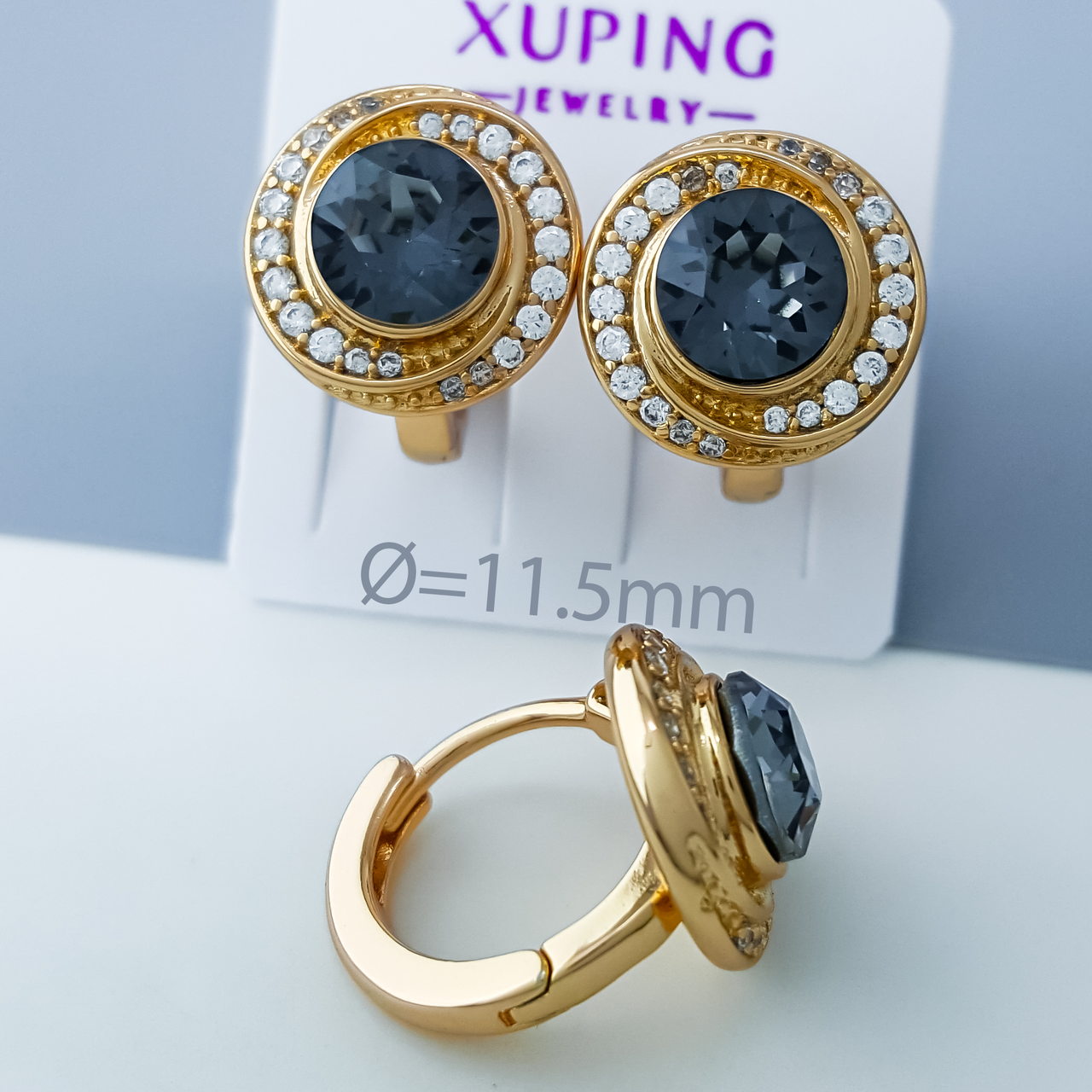 Сережки "Класика" з сірим Swarovski та цирконієм, медзолото Xuping позолота 18К