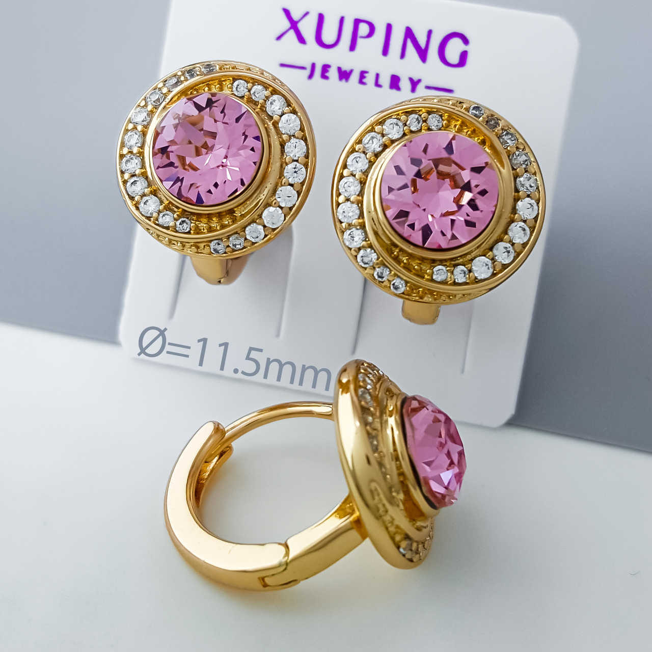 Сережки "Класика" з рожевим Swarovski та цирконієм, медзолото Xuping позолота 18К