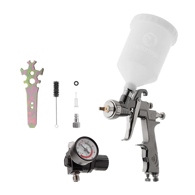 Фарбопульт пневматичний LVLP , форсунка 1.3 мм, з редуктором, пластиковий бачок 600 мл., 2 бар, INTERTOOL PT-0130, фото 1