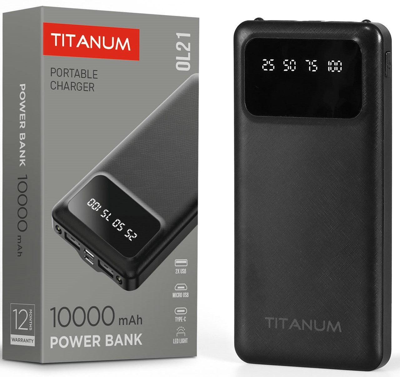 Повербанк 10 000 mAh TITANUM OL21 White MicroUSB/USB-C, 2xUSB-A, 5V/2.1А, Чорний, фото 1