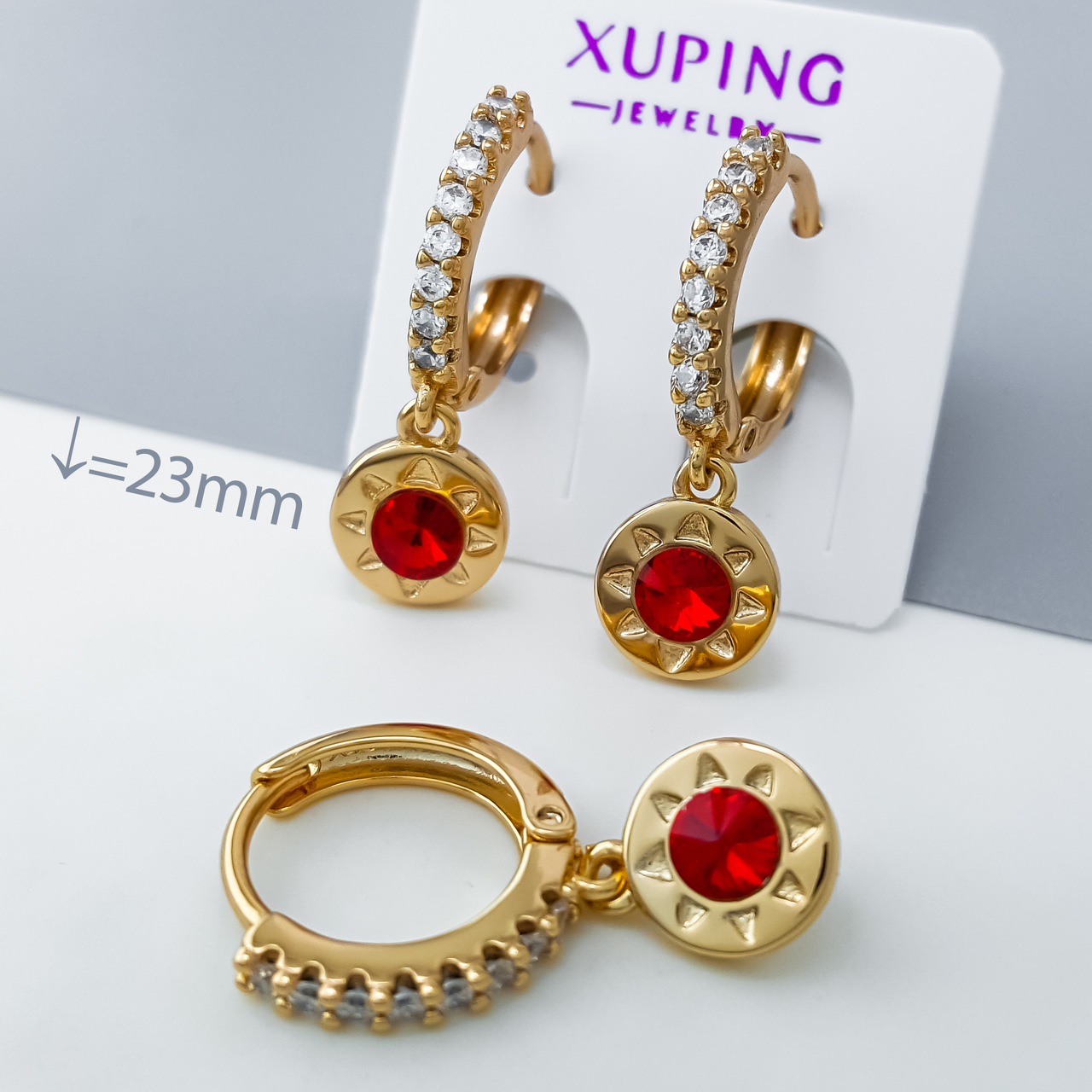 Сережки підвіски "Класика" з червоним Swarovski та цирконієм, медзолото Xuping позолота 18К