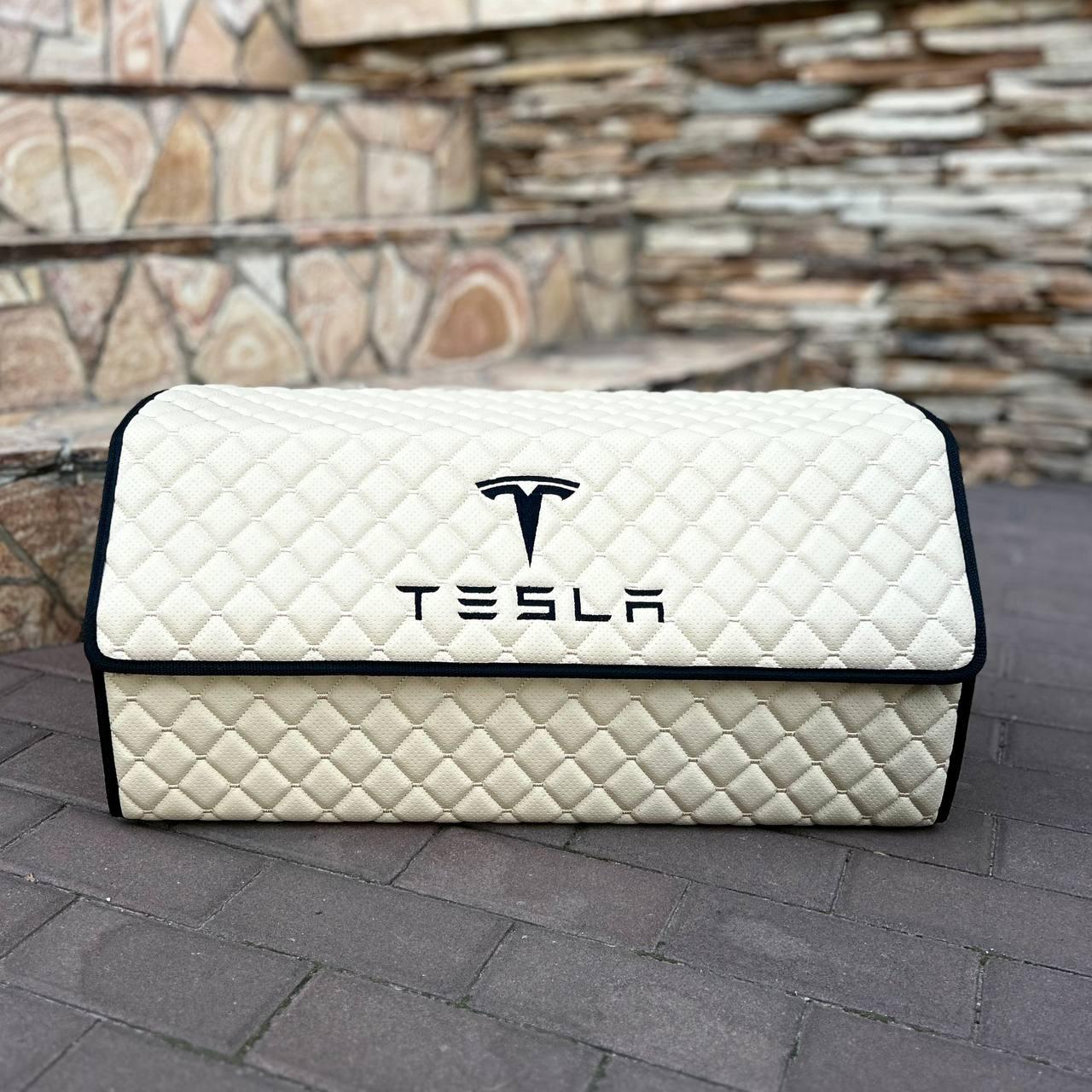 Органайзер у багажник з логотипом Tesla з екошкіри, бежевий, 65 см, коробка в багажник, фото 1