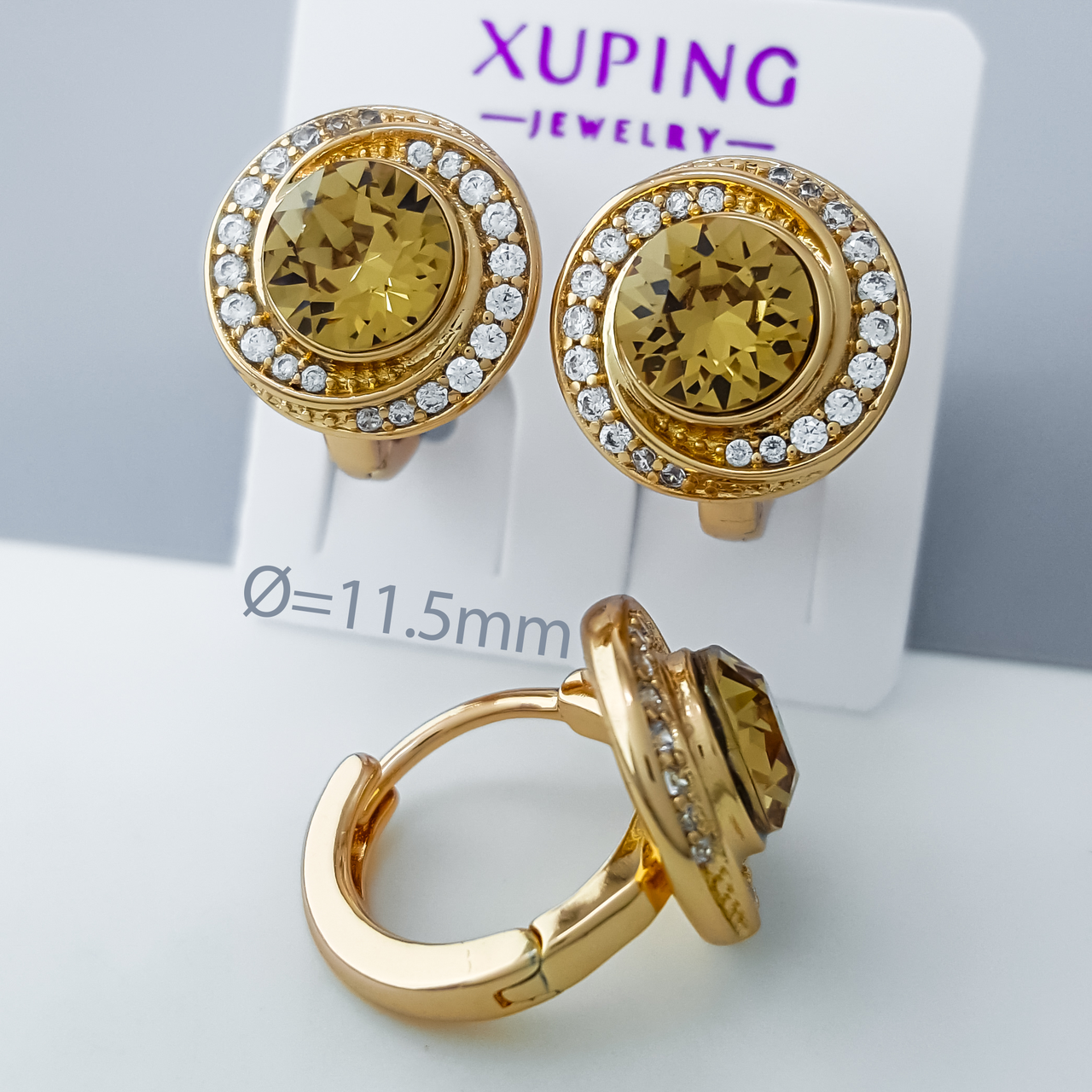 Сережки "Класика" з коричневим Swarovski та цирконієм, медзолото Xuping позолота 18К